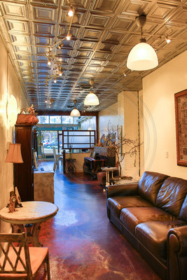 Tin ceiling tiles, modern lighting and new handicap bathroom recent renovation additions